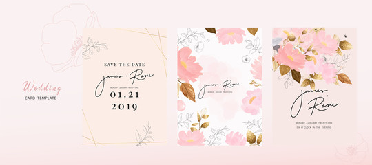 Pink Luxury Wedding Invitation, floral invite thank you, rsvp modern card Design in gold flower with  leaf greenery  branches decorative Vector elegant rustic template
