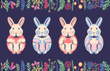 Cute flat rabbits and pastel bunnies with hand drawn floral elements