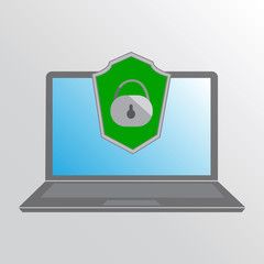 Protection in the form of a shield on a laptop. Internet security provided by antivirus. Icon of data security from the virus. Complete confidentiality of data. Vector illustration. Stock Photo.