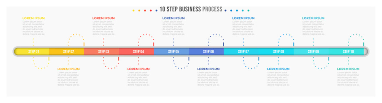 Timeline infographic template. Progress bar design with 10 number options or steps. Vector illustration.