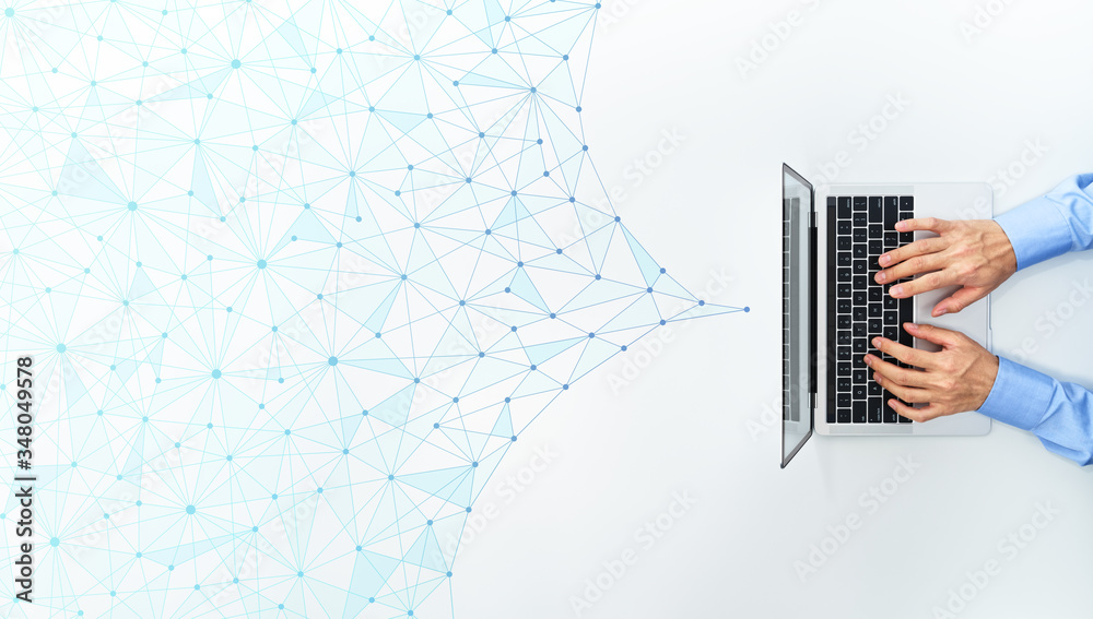 Aufkleber Network technology and online communication. Top view of business man using laptop. Blue network structure.