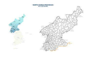 north korea map. north korea provinces named vector map. detailed korean peninsula.
