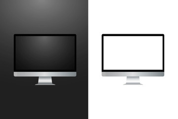 Computer monitor isolated two pieces. Monitors of a leading company on a black and white background. Vector illustration. Stock Photo.