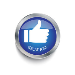 Like button, thumb up. Symbol of success and good job. Vector illustration of a button with a silver stroke. Stock Photo.