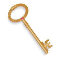 Vintage, old, shiny key made of gold. Beautiful exclusive key with jewelry. Vector illustration. Stock Photo.