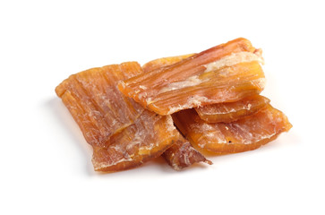 Food for dogs - dried beef tendons isolated on white background. Natural chewing treats.