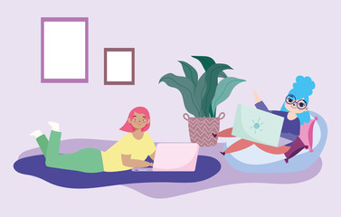 working remotely, women on chair and lying on floor with laptops