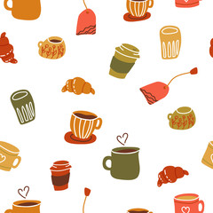 Seamless pattern with ceramic mugs coffee cups in flat cartoon style. Vector illustration