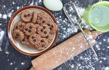 Closeup of chocolate chip cookies. Tasty sweet biscuit chocolate pastry. Choco chip cookies
