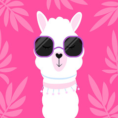 Cute cartoon llama with glasses. Vector illustration isolated on a lush tropical background.