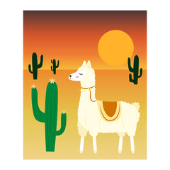 Cute cartoon barking flowers. Sunset in the desert. Big cacti. Vector illustration isolated on a white background.