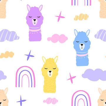 Cute cartoon multi-colored llamas. Seamless pattern. Vector illustration isolated on a white background.