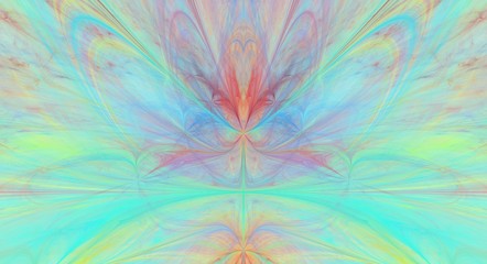 Abstract turquoise and red colorful shapes. Symmetrical fractal background. Digital art. 3d rendering.