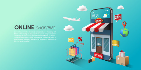Online shopping concept, digital marketing on website and mobile application, the storefront on a smartphone screen, open 24 hours and offer home delivery service.