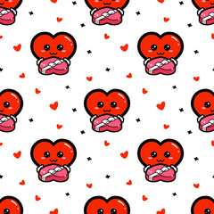 Cute heart cartoon character holding gift seamless pattern