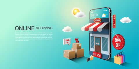Online shopping concept, digital marketing on website and mobile application, the storefront on a smartphone screen, open 24 hours and offer home delivery service.