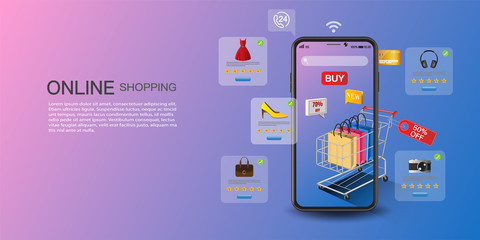 Online shopping on application and website concept, digital marketing online, shopping cart with new items on smartphone screen.