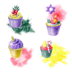 Hand painted christmas arrangments with cupcakes, abstract spots and different decorations. Yellow, red, purple and green color palette. For templates, menu cards, invitation greeting and postcards