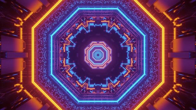 Multicolored illuminated enclosed octagonal shapes and patterns emitting from the center. Motion graphics, Animation. VJ loops.