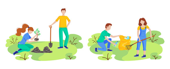 Fototapeta premium Volunteer people plant trees, cleaning garbage.
