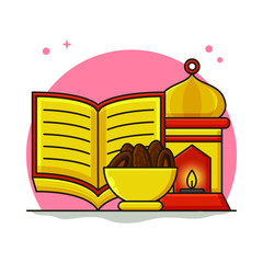 Dates Fruit Quran and Lanterns. Muslim Vector Icon. Ramadan Greeting Card Banner and Flyer Background
