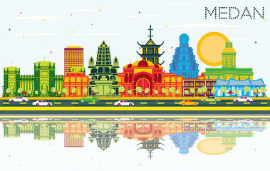 Medan Indonesia City Skyline with Color Buildings, Blue Sky and Reflections.