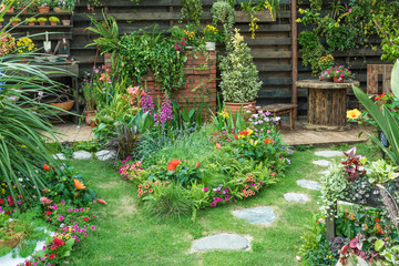 Landscaped backyard flower garden of residential house