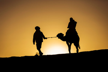 Silhouette of a camel caravan at sunrise in desert Sahara, Morocco