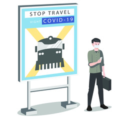 A man standing beside stop travel with train sign illustration
