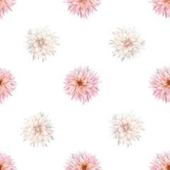 Beautiful vector floral summer seamless pattern with watercolor pink chrysanthemum flowers. Stock illustration.