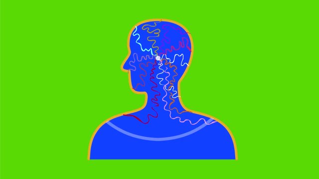 2d Animation motion graphics showing a human silhouette with pain nerve center in head on green screen in HD high definition done retro style.