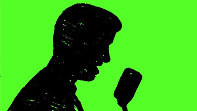 2d Animation motion graphics drawing of a male  disc jockey or radio host silhouette talking on a vintage microphone on white, black and green screen in HD high definition.
