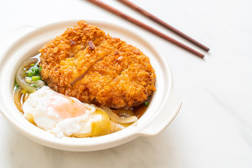 Japanese fried pork cutlet (katsudon) with onion soup and egg