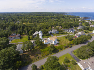 Aerial view of Cape Elizabeth Lights, also known as Two Lights, at the south end of Casco Bay in town of Cape Elizabeth, Maine ME, USA. 
