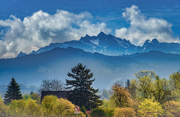 Roads along the shores of the Zurich Lake near Rapperswil with the iconic Santis mountain peak in the background, Switzerland