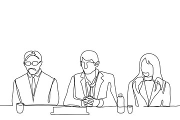 group of business people: men and a woman answer questions while sitting at a table with a microphone and water. One continuous line drawing press conference. Can be used for animation.