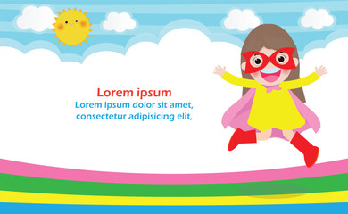 Superhero kid on background,Template for advertising brochure,your text ,Cute little Superhero Children's, Kids and frame,child and frame,Vector Illustration