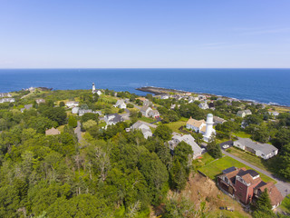 Fototapeta na wymiar Aerial view of Cape Elizabeth Lights, also known as Two Lights, at the south end of Casco Bay in town of Cape Elizabeth, Maine ME, USA. 
