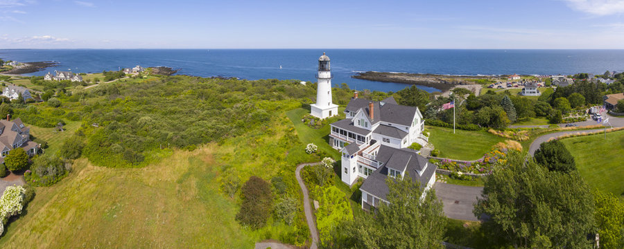 Aerial view of Cape Elizabeth Lights, also known as Two Lights, at the south end of Casco Bay in town of Cape Elizabeth, Maine ME, USA. 