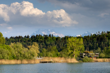 Fototapeta premium Beautiful landscapes along the shores of the Upper Zurich Lake (Obersee) in Schmerikon, St. Gallen, Switzerland