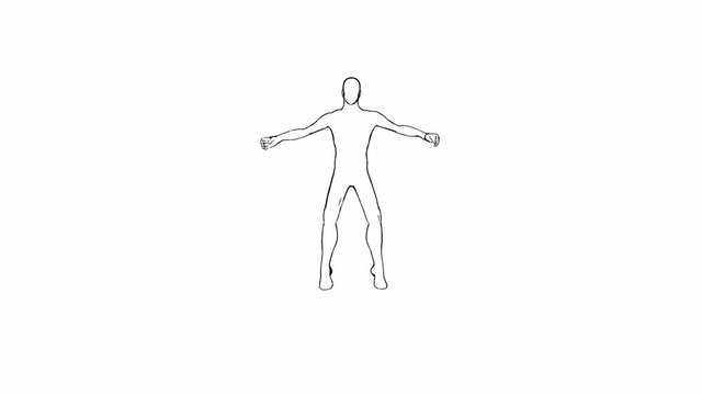 line drawing of a man doing jumping jacks in a loop, black ink on white background
