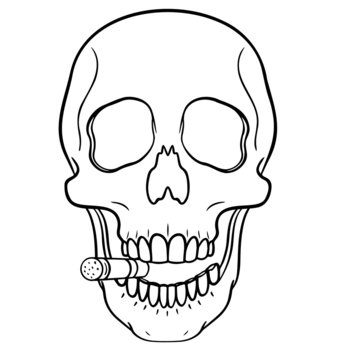 hand drawn outline skull with cigar in the corner of the mouth. monochrome comic drawing.
