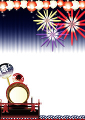 花火と夏祭り大太鼓に紅白の輝く提灯と祭りのうちわのイラスト縦スタイル背景素材
