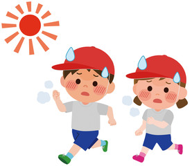 熱中症　体育で走る　男女小学生　イラスト