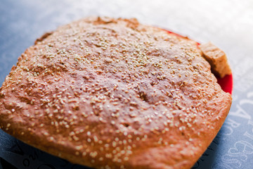 Homemade bread lies in a kitchen with a modern interior
