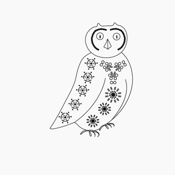 A painted one-color owl with a circle and flower pattern