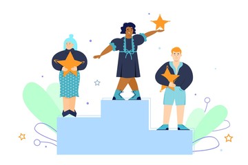 People on pedestal with rating stars in hands, flat vector illustration isolated.