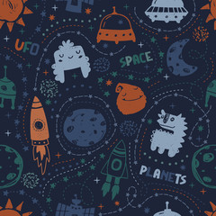 Seamless cute space pattern. It is good for baby clothes, baby bedding, wallpapers, notebook covers, etc.
