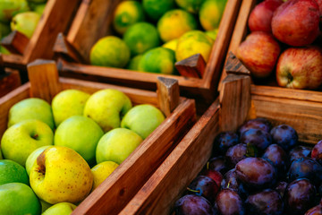 Exotic summer diet. Tropical organic fruit in crate. Apple, plam, pear delivery . Autumn harvest. Stock photo.