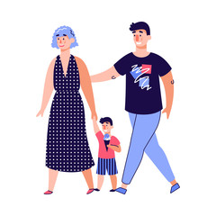 Happy family with child walking together isolated on white background